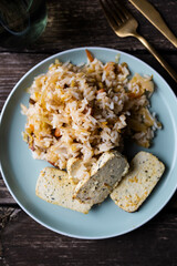 Kimchi with rice and tofu. Kimchi, traditional Korean side dish of salted and fermented vegetables.