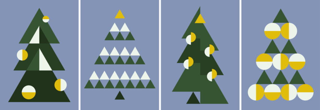 Set of postcards with geometric Christmas trees. Poster designs in abstract style.