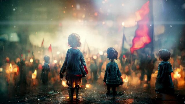 Children watching the revolution in a crowd	
