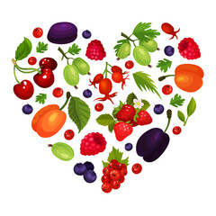 Fresh ripe berries in heart shape. Cherry, blackberry, strawberry, goodberry, dog rose and blueberry poster, card, banner cartoon vector