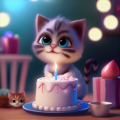 Plakat Cute kawaii cat and Birthday cake with candles. Christmas kitten with adorable eyes. Winter greeting card. AI generated image.