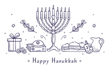 Happy Hanukkah card with lettering text and Menorah with 9 candles, donuts, gift box and coins on white background. Jewish holiday elegant banner template. Vector postcard in doodle style
