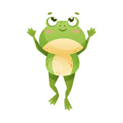 Cute Green Leaping Frog Character Standing with Raised Limbs and Smiling Vector Illustration