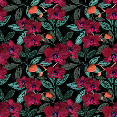 Seamless floral tropical pattern. Red orchid flowers on a black background.