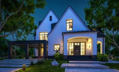 3d rendering of cute cozy white and black modern Tudor style house with parking  and pool for sale or rent with beautiful landscaping. Fairy roofs. Clear summer night with many stars on the sky.
