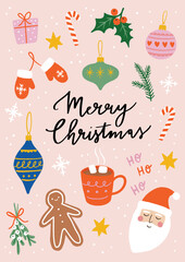 Cute Christmas Vector Illustration. Set Of Isolated Elements And „Merry Christmas” Lettering. Perfect For Holiday Greeting Cards.
