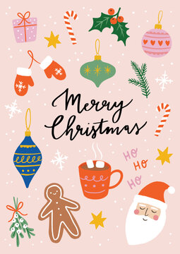 Cute Christmas Vector Illustration. Set Of Isolated Elements And &bdquo;Merry Christmas&rdquo; Lettering. Perfect For Holiday Greeting Cards.
