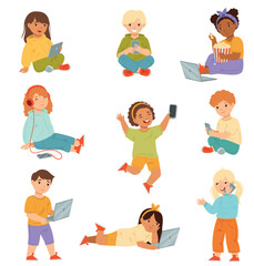 Cute Little Kids with Mobile Gadgets Playing and Surfing Internet Vector Set