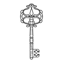 Hand drawn ornamental vintage key in line art. Retro decor, symbol, talisman, antique style, boho. Vector doodle sketch illustration isolated on white background