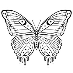Hand drawn mystical flying butterfly with Moon and star in line art. Magic collection, symbol, talisman, antique style, boho. Vector sketch illustration isolated on white background