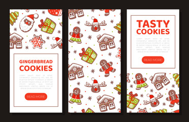 Tasty gingerbread cookies mobile app templates. Sweet fragrant Christmas and New Year winter holidays dessert landing page cartoon vector