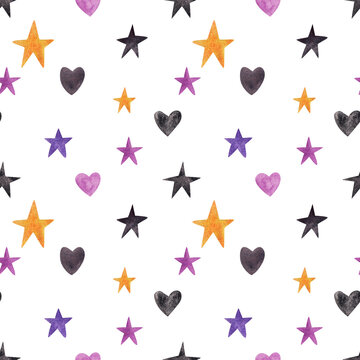 Stars and hearts, watercolor seamless pattern