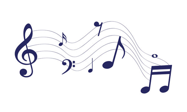 Music notes with swirls, musical background, vector illustration.