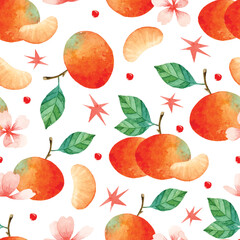 Tangerine and pink sakura flowers watercolor seamless pattern 