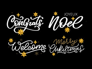 Merry Christmas set 2023 Happy New Year, typography lettering badge emblems quotes set collection. Vector logo design for postcard, invitation, greeting card, poster, gift.