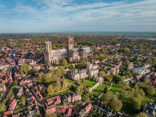 Aerial View of Lincoln City and Cathedral in England Sunset View