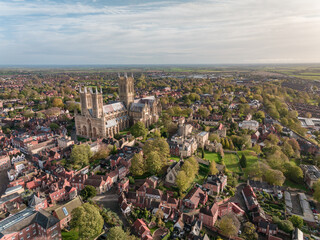 Aerial View of Lincoln City and Cathedral in England Sunset View