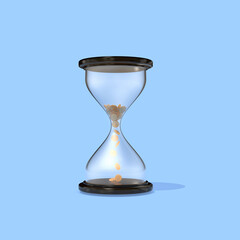 Time is money, hourglass with falling gold coins isolated on blue background. Glass clock, finance success, patience, business capital increasing Realistic 3d render.