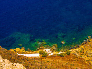Panoramic view of the Santorini caldera cliffs from the Imerovigli village on Santorini island, Greece 