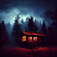 mysterious house at night in spooky forest