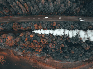 Bird's Eye View of a Steam Train in the Fall