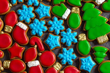 Christmas gingerbread cookies with red blue and green icing
