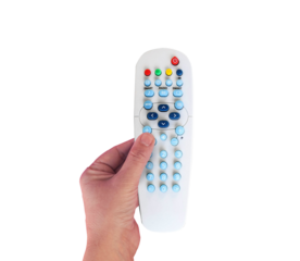 woman hand holds TV remote controller on ransparentisolated background
