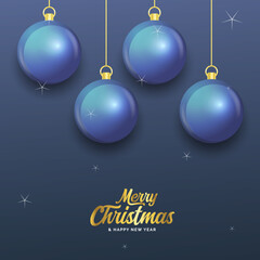 Merry Christmas dark blue banner with balls. Christmas card. Vector Illustration