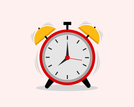 Red alarm clock wake up time isolated on blue background in flat style illustration