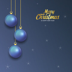 Merry Christmas dark blue banner with balls. Christmas card. Vector Illustration