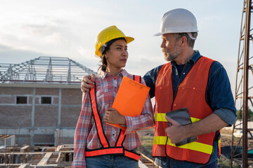 Middle-aged male contractor encouraging uniformed Asian female worker wearing hard hat checking construction progress, meeting minutes, plans, goals in house building project