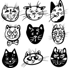 Faces of cats with different characters, black and white graphics, ink and feather stylization. Cat with glasses, pensive, cheerful, sad, angry. Set of silhouettes. 