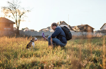 Dog training and playing. Dog owner showing ring dog toy to his beagle pet against autumn sunset background