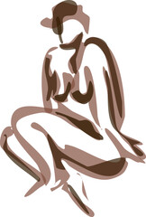 Seated woman. Nude girl. nude nature. Simple silhouette. Styling ink and brush. Brown ink. 
