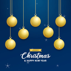 Christmas blue background with hanging shining golden balls. Merry christmas greeting card. Holiday Xmas and New Year poster. web banner. Vector Illustration.