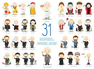 Kids Vector Characters Collection: Set of 31 great Discoverers and Inventors of History in cartoon style. - obrazy, fototapety, plakaty