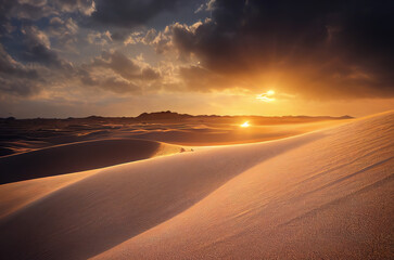 Fototapeta na wymiar Majestic sunset illuminating the vast sand dunes of the Sahara Desert, capturing nature's tranquil spectacle against a dramatic sky. Perfect moment of solitude in Africa's expanse. 