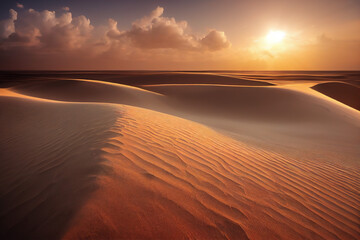 Fototapeta na wymiar Majestic sunset over Sahara Desert, casting shadows on undulating sand dunes and highlighting footprints. A mesmerizing display of nature in the vast African landscape. 