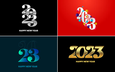 Fototapeta na wymiar Big set 2023 Happy New Year black logo text design. 20 23 number design template. Collection of symbols of 2023 Happy New Year. New Year Vector illustration