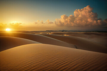 Fototapeta na wymiar Golden sunset over Sahara Desert, illuminating vast sand dunes with gentle curves and shadows. Majestic clouds enhance the horizon's allure, epitomizing Sahara's tranquil beauty.