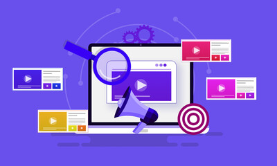 Video Marketing and Business Model of Content Creation. Modern Computer with Videos Interface Player and Online Website. Design Flat Illustration of Digital Small Businesses 