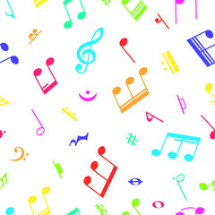 Music notes colorful background, musical pattern, vector illustration.