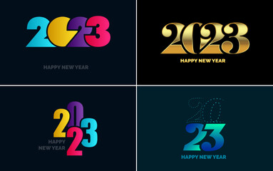 Big set 2023 Happy New Year black logo text design. 20 23 number design template. Collection of symbols of 2023 Happy New Year. New Year Vector illustration