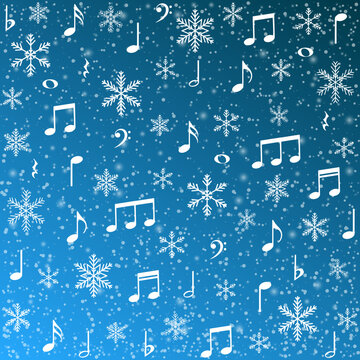 White music notes and snowflakes background, vector illustration.