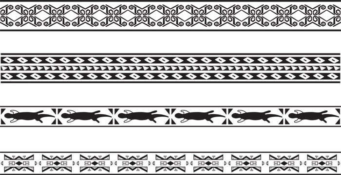 Vector monochrome set of seamless borders, native american frames. The endless pattern of the peoples of Central and South America, the Aztecs, the Maya, the Incas.