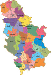 Vector colored administrative map of Serbia. The territory of a European state with large cities, borders of regions. and roads.