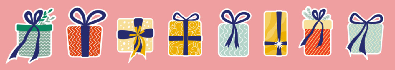 Set of Christmas presents in flat style. Stickers with gifts for New Year or birthday.  For advertising, labels or banners.