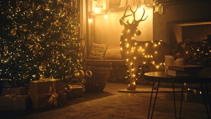 Christmas and New Year interior decoration. Green tree decorated with toys, gifts, present boxes, flashing garland, illuminated lamps. Fireplace with burning fire. Cozy Christmas atmosphere