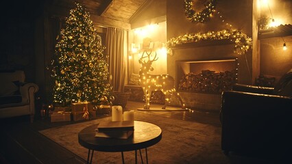 Christmas and New Year interior decoration. Green tree decorated with toys, gifts, present boxes, flashing garland, illuminated lamps. Fireplace with burning fire. Cozy Christmas atmosphere