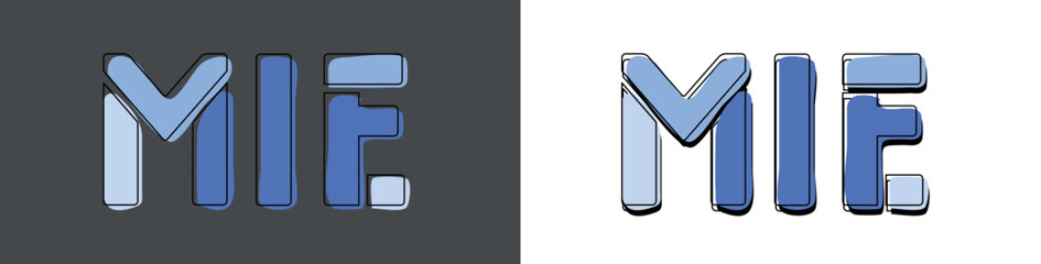 Mie. Isolate curves doodle letters. Blue colors. Mie is place in Japan. Set 2 in 1 for print, booklet, banner, social network, web resources, mobile app. Stock vector